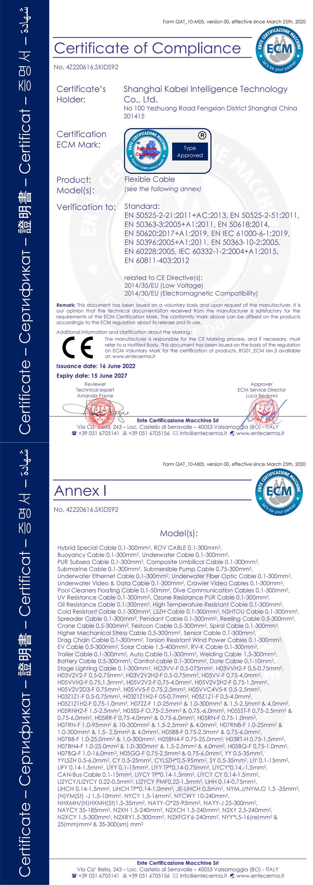 CE CERTIFICATE (TRAILER CABLE/AUTO CABLE/WELDING CABLE)